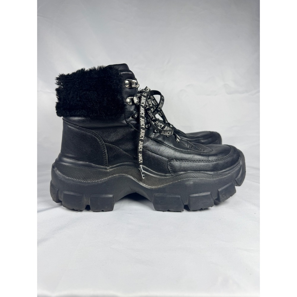Juicy Couture Emmie Womens US 11 Platform Shoes Black Fur Trim Lace Up Sneakers